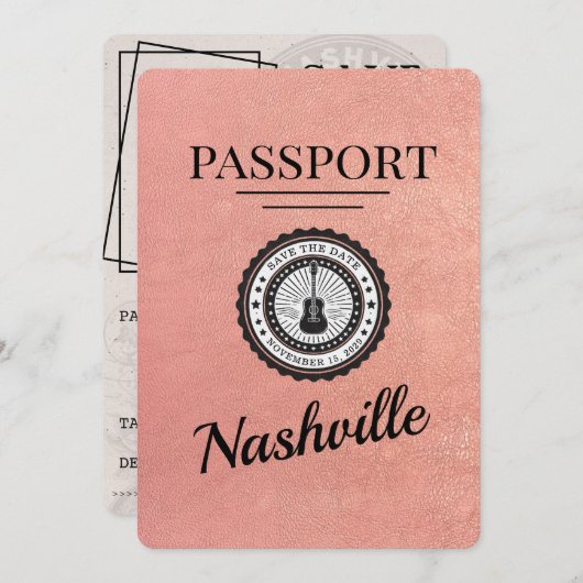 Rose Gold Nashville Passport Save the Date (Vorne/Hinten)