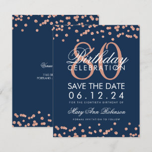 Rose Gold Navy 80. Geburtstag Rett Datum Confetti Einladung