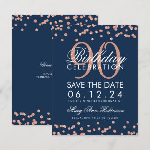 Rose Gold Navy 90. Geburtstag Rett Datum Confetti Einladung