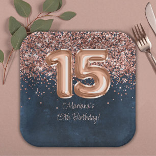 Rose Gold Navy Blau 15. Geburtstagsfeier Pappteller