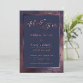 Rose Gold & Navy Blauer Marmor feiert mit uns Einladung (Stehend Vorderseite)