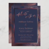 Rose Gold & Navy Blauer Marmor feiert mit uns Einladung (Vorne/Hinten)