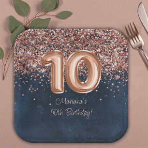 Rose Gold Navy Blue 10. Geburtstagsparty Pappteller