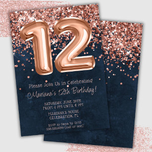 Rose Gold Navy Blue 12. Geburtstagsparty Einladung