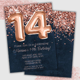 Rose Gold Navy Blue 14. Geburtstagsparty Einladung