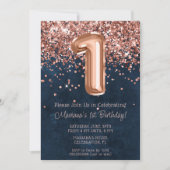 Rose Gold Navy Blue 1. Geburtstag Party Einladung (Vorderseite)
