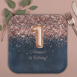 Rose Gold Navy Blue 1. Geburtstag Party Pappteller