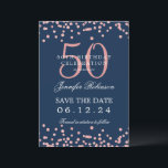 Rose Gold Navy Blue 50. Geburtstag Rett Date Einladung<br><div class="desc">Elegantes "50th Birthday Party" Design mit Imitats Glitzer Konfetti & Details Text. Einfach zu bedienen und leicht zu personalisieren. Bestelle noch heute!</div>
