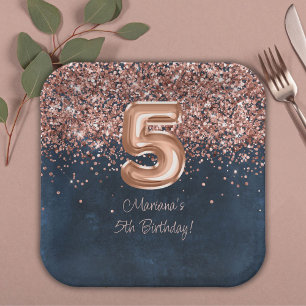 Rose Gold Navy Blue 5. Geburtstagsparty Pappteller