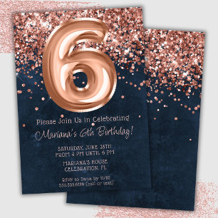 Rose Gold Navy Blue 6. Geburtstagsparty Einladung
