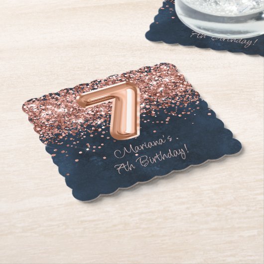 Rose Gold Navy Blue 7. Geburtstagsparty Untersetzer (angewinkelt)