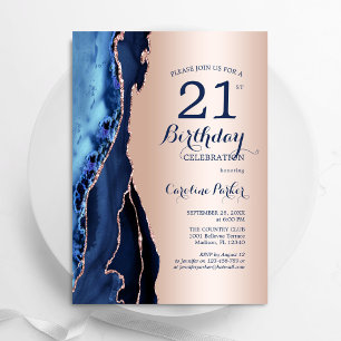 Rose Gold Navy Blue Agate 21. Geburtstag Einladung
