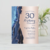 Rose Gold Navy Blue Agate 30. Geburtstag Einladung (Stehend Vorderseite)