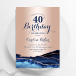 Rose Gold Navy Blue Agate 40. Geburtstag Einladung<br><div class="desc">Marineblau und Rose Gold haben 40. Geburtstag Party Einladung. Elegantes modernes Design mit königsblauen Aquarellfarben,  marmorgeode Hintergrund,  Imitate Glitzer Rose Gold und Typografie Drehbuch Schriftart. Die trendige Einladungskarte eignet sich perfekt für eine stilvolle Damenfeier. Gedruckte Zazzle Einladungen oder Sofortdownload digitalen druckbaren Vorlage.</div>