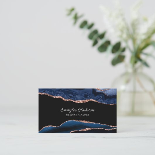 Rose Gold Navy Blue Agate Business Card Visitenkarte (Stehend Vorderseite)