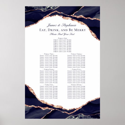 Rose Gold Navy Blue Agate Hochzeitskarte Poster (Vorne)