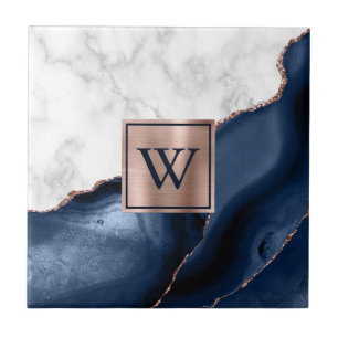 Rose Gold Navy Blue Agate Monogram Fliese