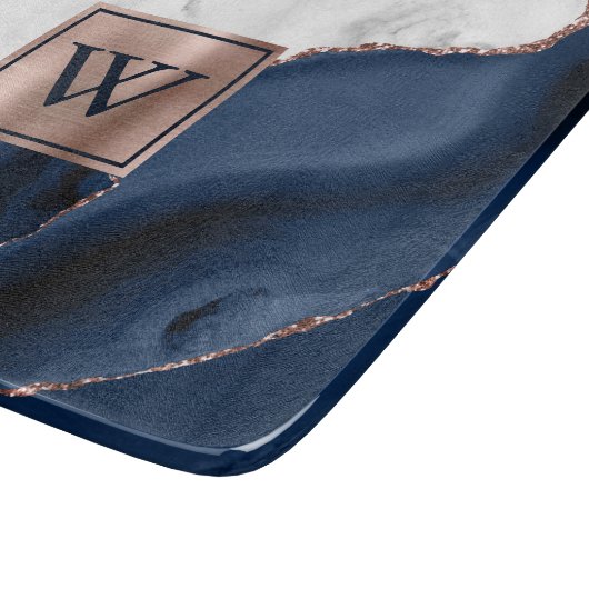 Rose Gold Navy Blue Agate Monogram Tr Schneidebrett (Ecke)