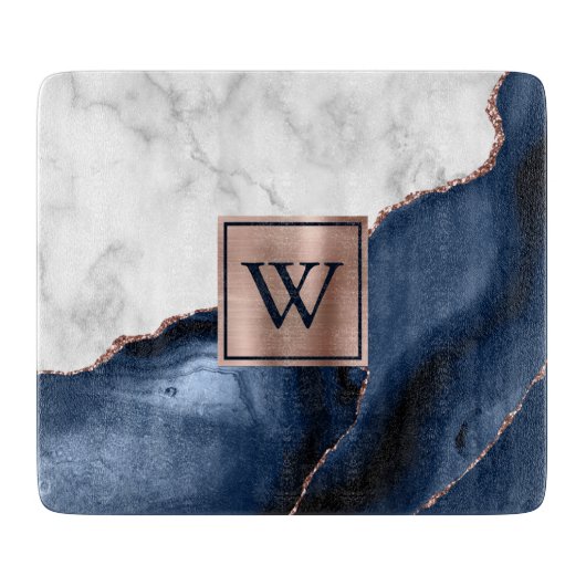 Rose Gold Navy Blue Agate Monogram Tr Schneidebrett (Vorderseite)