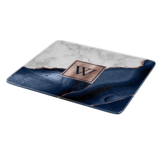 Rose Gold Navy Blue Agate Monogram Tr Schneidebrett (Ecke)