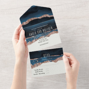 Rose Gold Navy Blue Alcohol Tinte Hochzeit All In One Einladung
