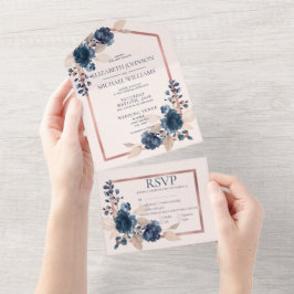 Rose Gold Navy Blue Dusty Pink Floral Wedding All In One Einladung
