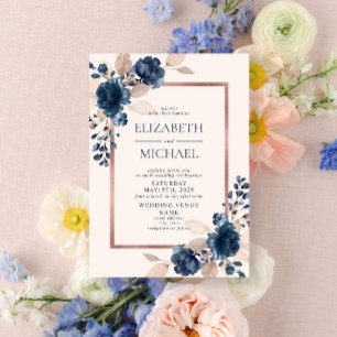 Rose Gold Navy Blue Dusty Pink Floral Wedding Einladung