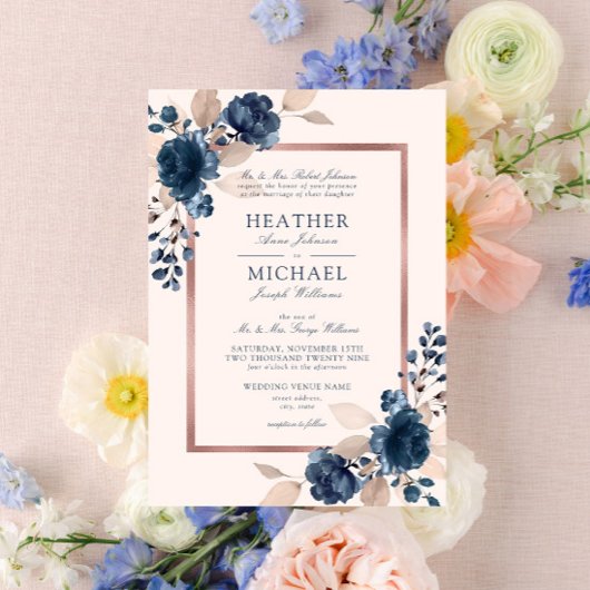 Rose Gold Navy Blue Dusty Pink Floral Wedding Einladung