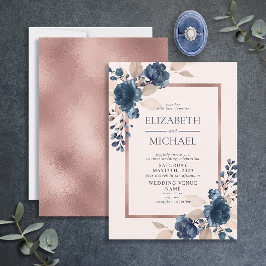 Rose Gold Navy Blue Dusty Pink Floral Wedding Einladung