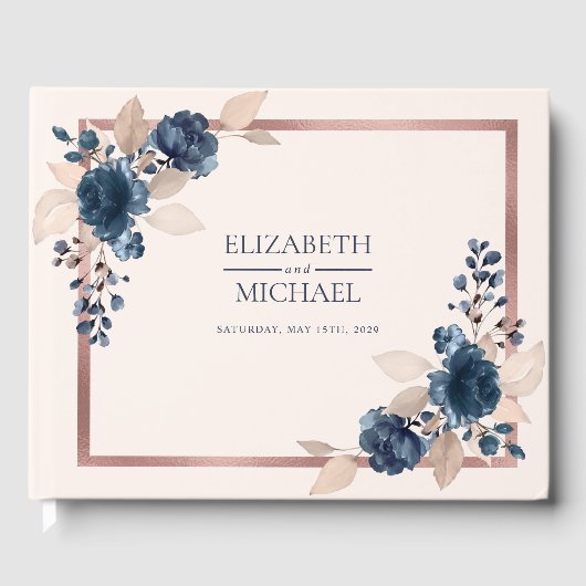 Rose Gold Navy Blue Dusty Pink Floral Wedding Gästebuch (Vorderseite)
