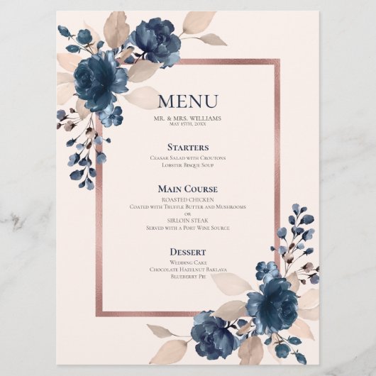 Rose Gold Navy Blue Dusty Pink Floral Wedding Menükarte (Vorderseite)