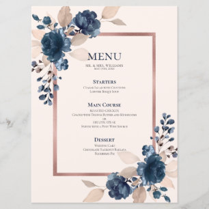 Rose Gold Navy Blue Dusty Pink Floral Wedding Menükarte
