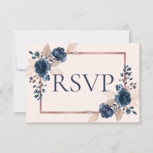 Rose Gold Navy Blue Dusty Pink Floral Wedding RSVP Karte