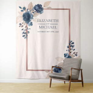 Rose Gold Navy Blue Dusty Pink Floral Wedding Wandteppich