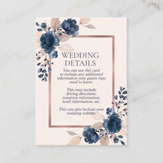 Rose Gold Navy Blue Dusty Rosa Blumendetails Begleitkarte (Vorderseite)