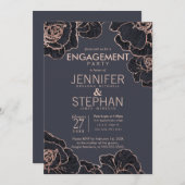 Rose Gold Navy Blue Flowers Engagement Party Einladung (Vorne/Hinten)