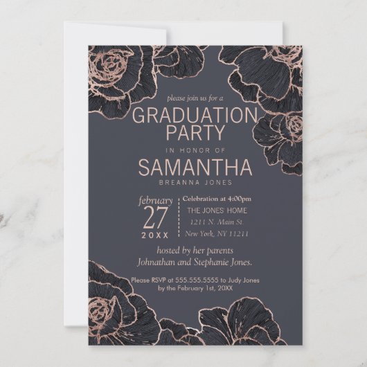 Rose Gold Navy Blue Flowers Graduation Party Einladung (Vorderseite)