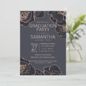 Rose Gold Navy Blue Flowers Graduation Party Einladung (Stehend Vorderseite)