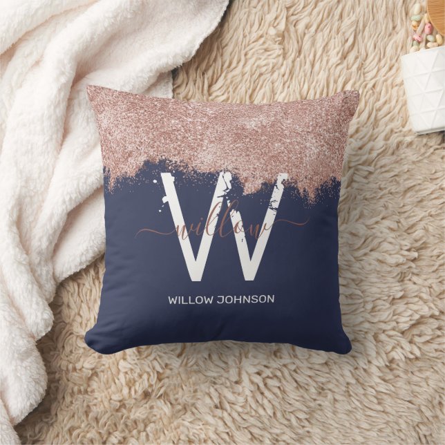 Rose Gold Navy Blue Girl Glitzer Dust Monogram Kissen (Decke)