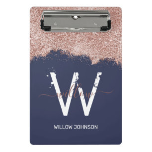 Rose Gold Navy Blue Girl Glitzer Dust Monogram Mini Klemmbrett