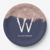 Rose Gold Navy Blue Girl Glitzer Dust Monogram Pappteller (Vorderseite)