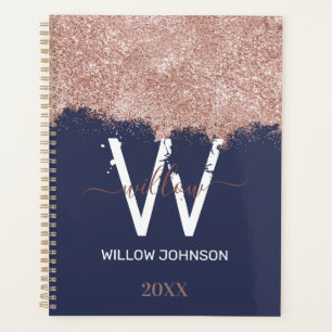 Rose Gold Navy Blue Girl Glitzer Dust Monogram Planer