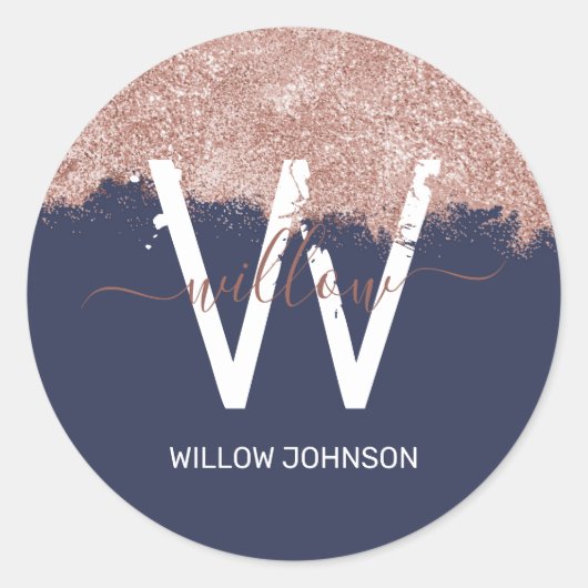 Rose Gold Navy Blue Girl Glitzer Dust Monogram Runder Aufkleber (Vorderseite)