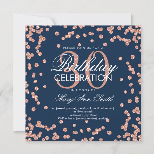 Rose Gold Navy Blue Glitzer Confetti 30. Geburtsta Einladung (Vorderseite)
