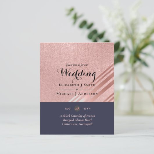 Rose Gold Navy Blue Glitzer Foil Look WEDING (Stehend Vorderseite)