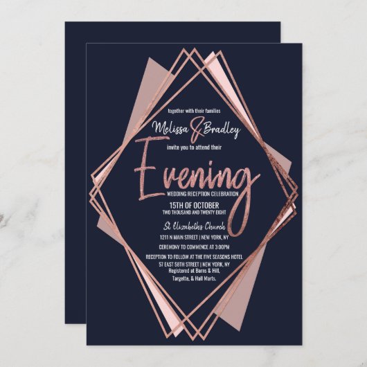 Rose Gold Navy Blue Mauve Geometric Abend Einladung (Vorne/Hinten)