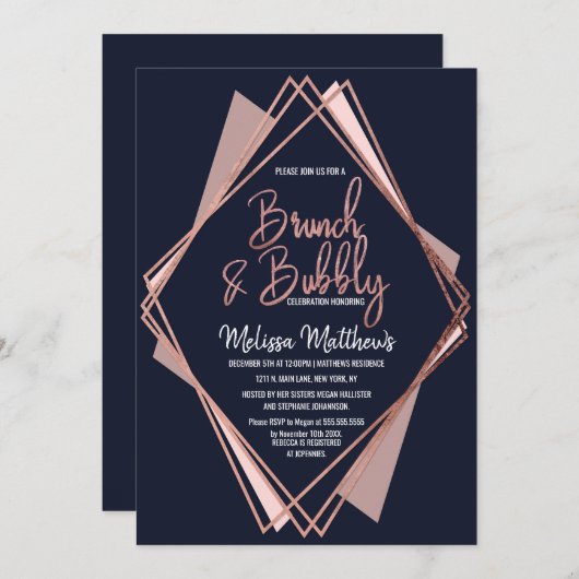 Rose Gold Navy Blue Mauve Geometric Brunch Bubbly Einladung (Vorne/Hinten)