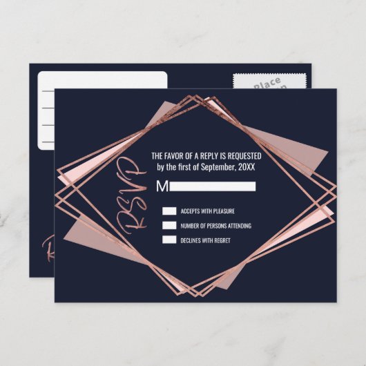 Rose Gold Navy Blue Mauve Geometric RSVPs Einladungspostkarte (Vorne/Hinten)