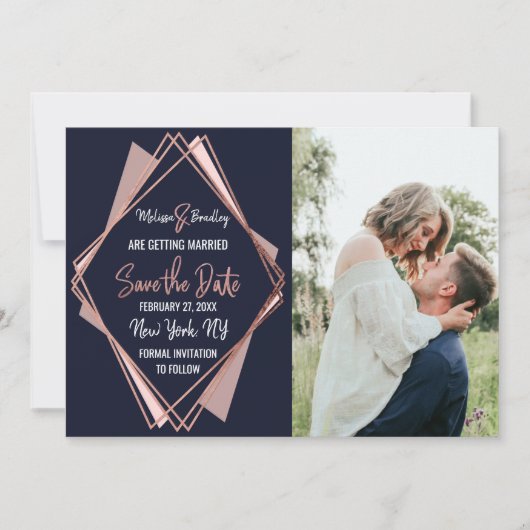 Rose Gold Navy Blue Mauve Geometric Save the Date Einladung (Vorderseite)