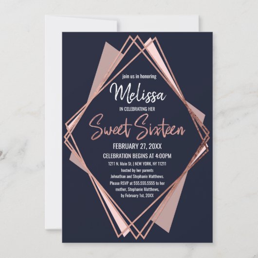 Rose Gold Navy Blue Mauve Geometric Sweet 16 Einladung (Vorderseite)